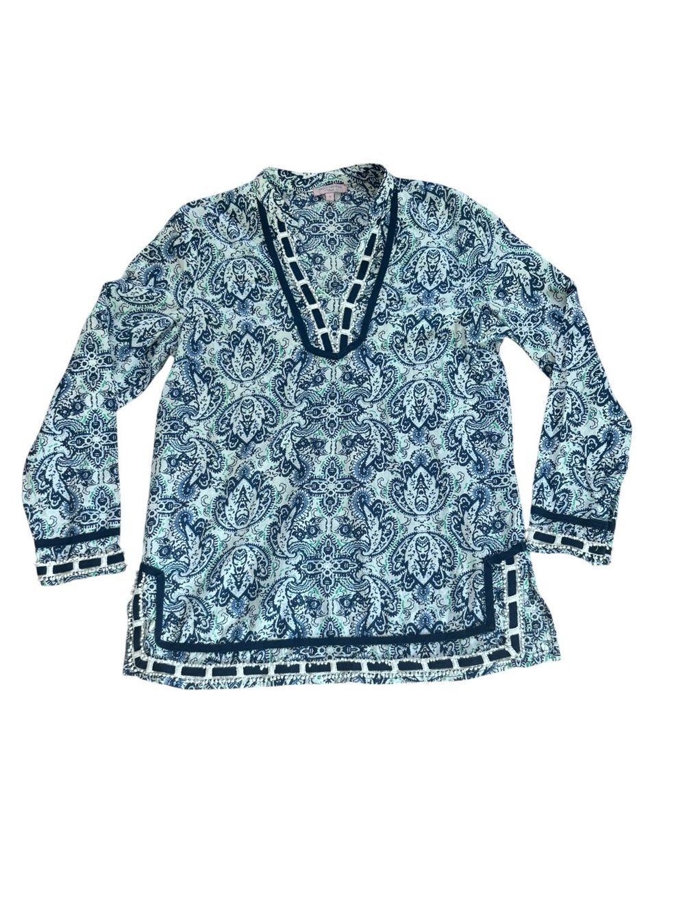 Saint Tropez West Blue Paisley Cotton Long Sleeve Tunic Top Womens Small